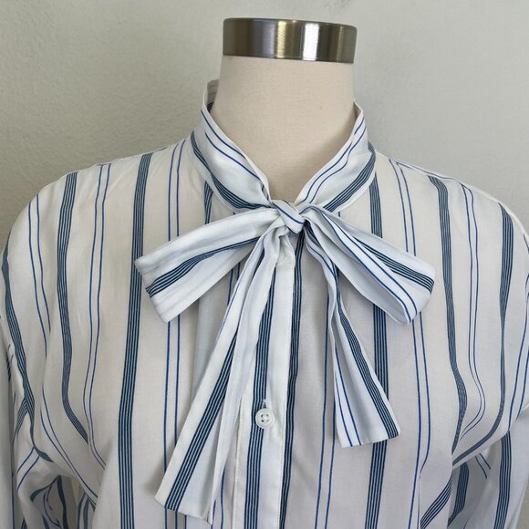 Elizabeth and James Womens Large White Blue Striped Tie Neck Shirt Button Up Top - Picture 2 of 10